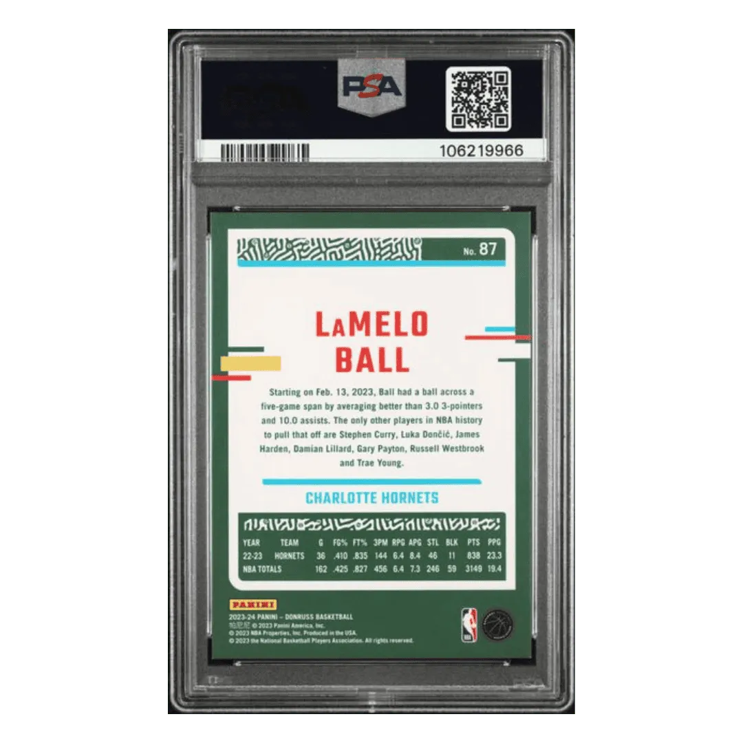 LaMelo Ball PSA 9 2023 Panini Donruss Holo Gold Laser #d/ 10 Card #87
