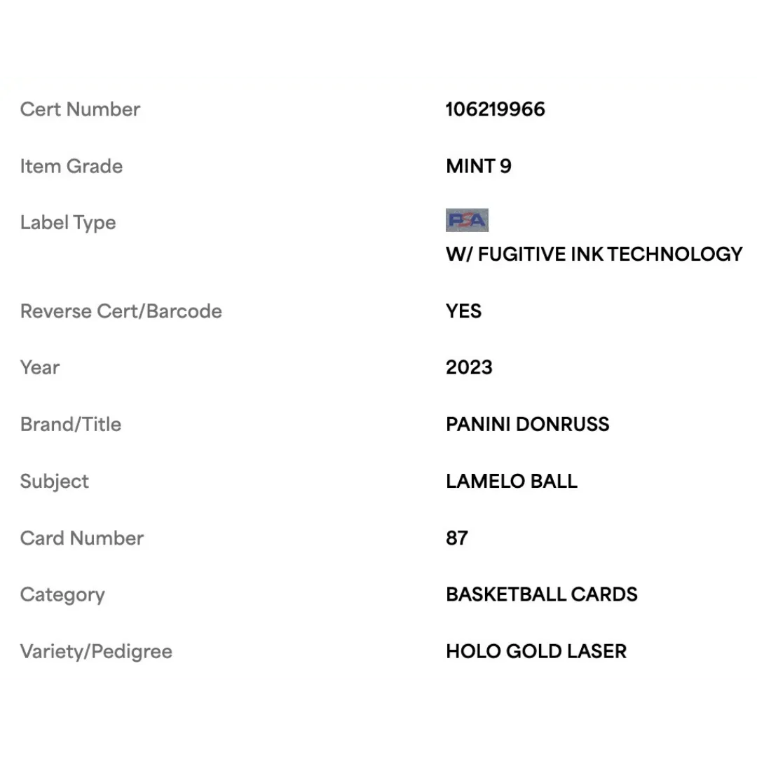 LaMelo Ball PSA 9 2023 Panini Donruss Holo Gold Laser #d/ 10 Card #87