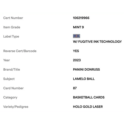 LaMelo Ball PSA 9 2023 Panini Donruss Holo Gold Laser #d/ 10 Card #87