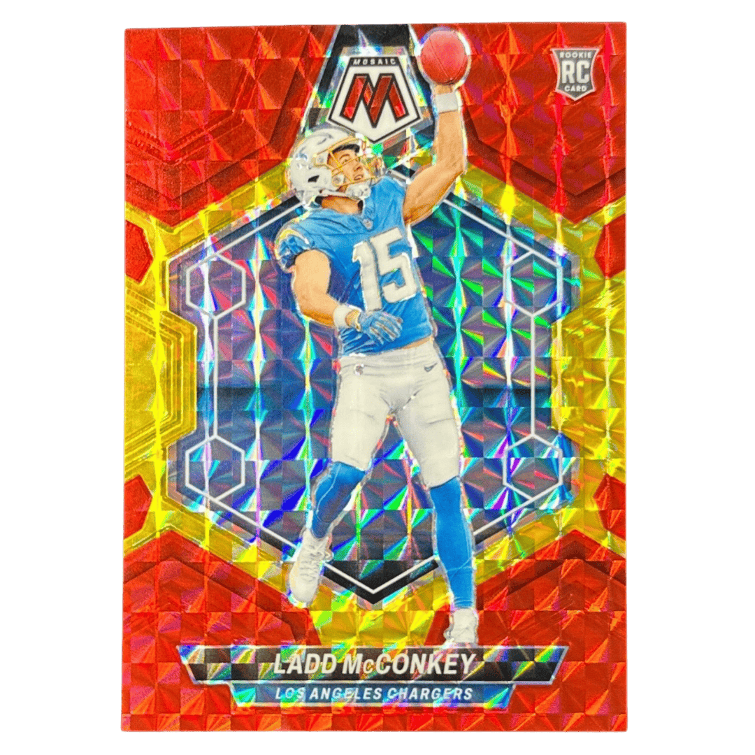 Ladd McConkey 2024 Panini Mosaic Fusion Red & Yellow #d/80 Rookie Card #334