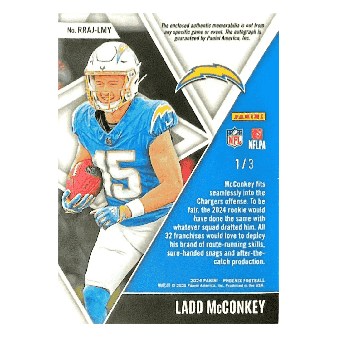 Ladd McConkey 2024 Panini Phoenix Jersey Patch RPA #d/3 Logo Tag Card #RRAJ-LMY