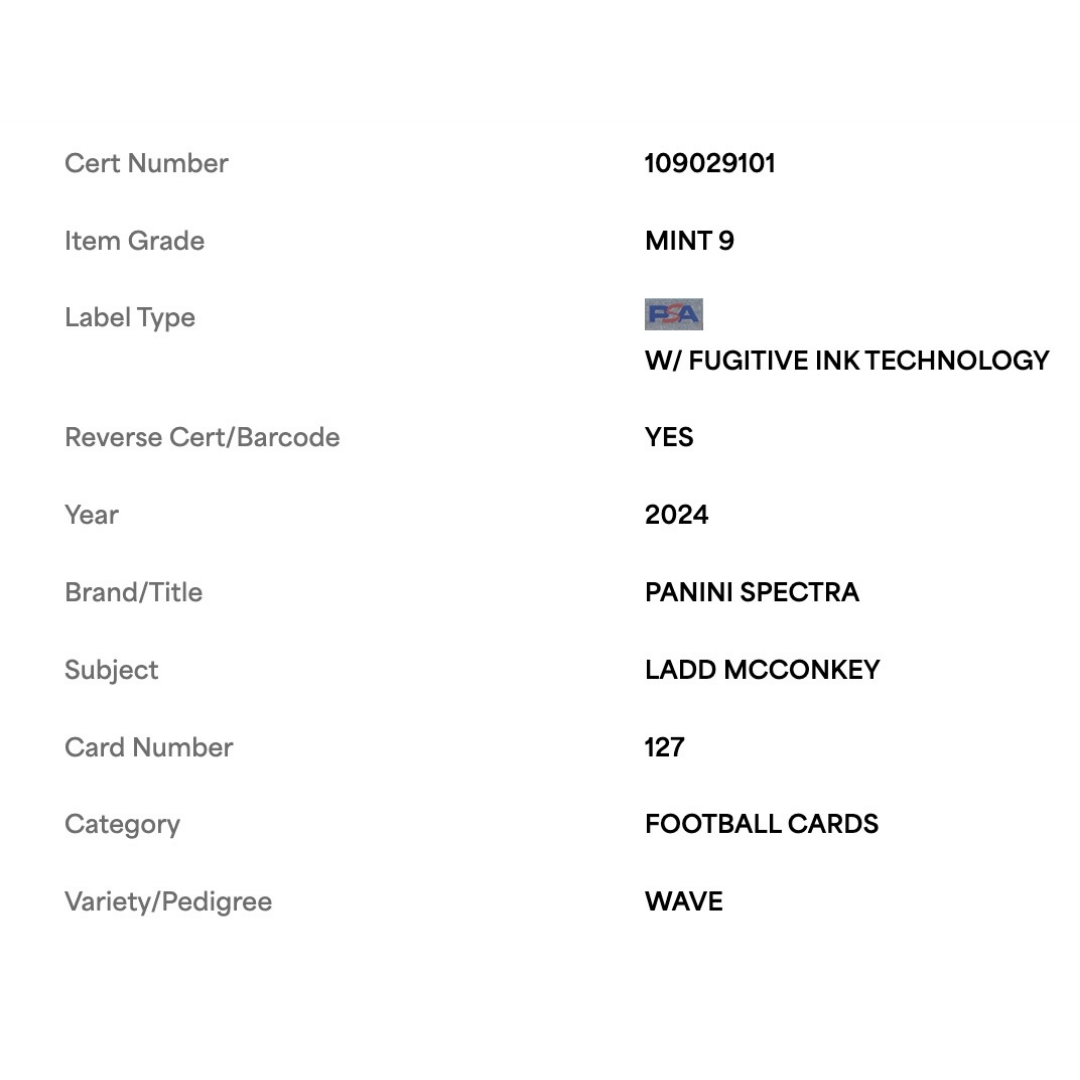 Ladd McConkey PSA 9 2024 Panini Spectra Wave #d/11 Rookie RC Card #127