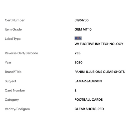 Lamar Jackson PSA 10 2020 Panini Illusions Clear Shots Red #d/149 Card #2