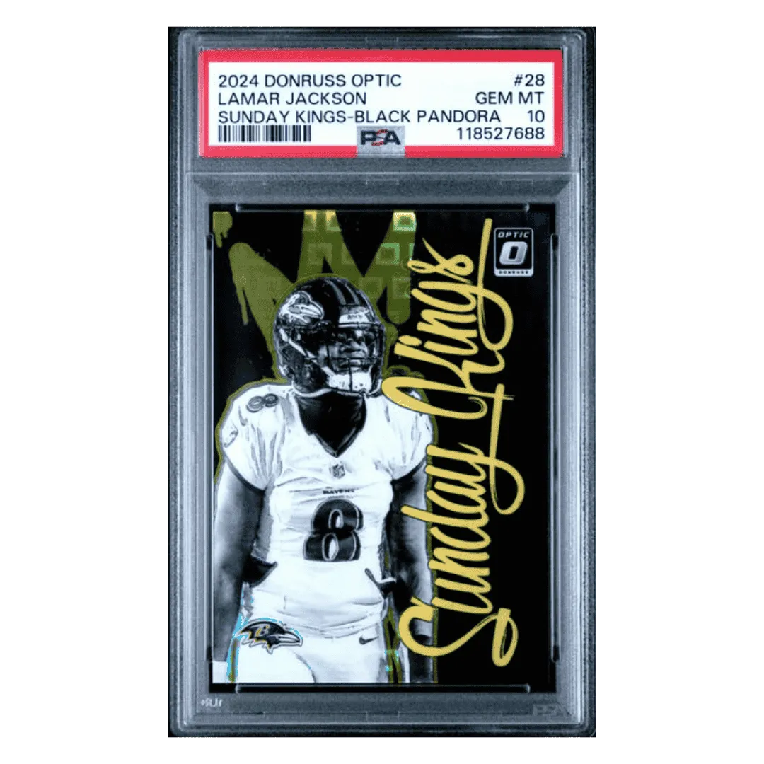Lamar Jackson PSA 10 2024 Panini Donruss Optic Sunday Kings Black Pandora #d/ 25 Card #28