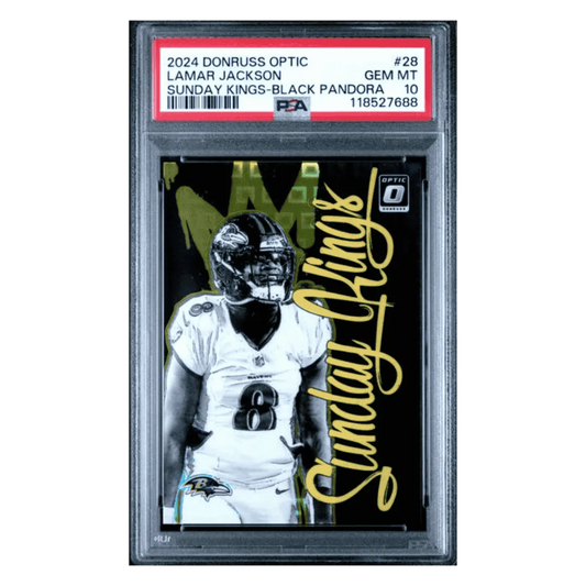Lamar Jackson PSA 10 2024 Panini Donruss Optic Sunday Kings Black Pandora #d/ 25 Card #28
