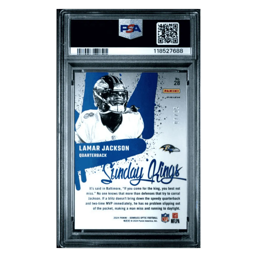 Lamar Jackson PSA 10 2024 Panini Donruss Optic Sunday Kings Black Pandora #d/ 25 Card #28