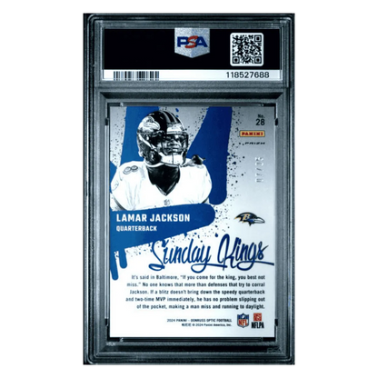 Lamar Jackson PSA 10 2024 Panini Donruss Optic Sunday Kings Black Pandora #d/ 25 Card #28