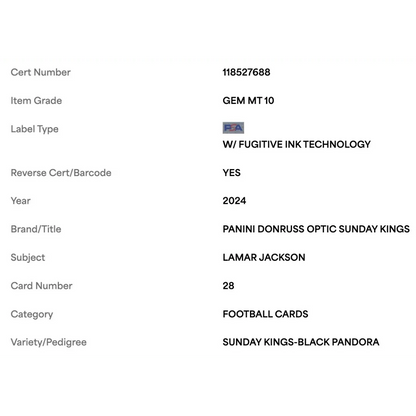 Lamar Jackson PSA 10 2024 Panini Donruss Optic Sunday Kings Black Pandora #d/ 25 Card #28