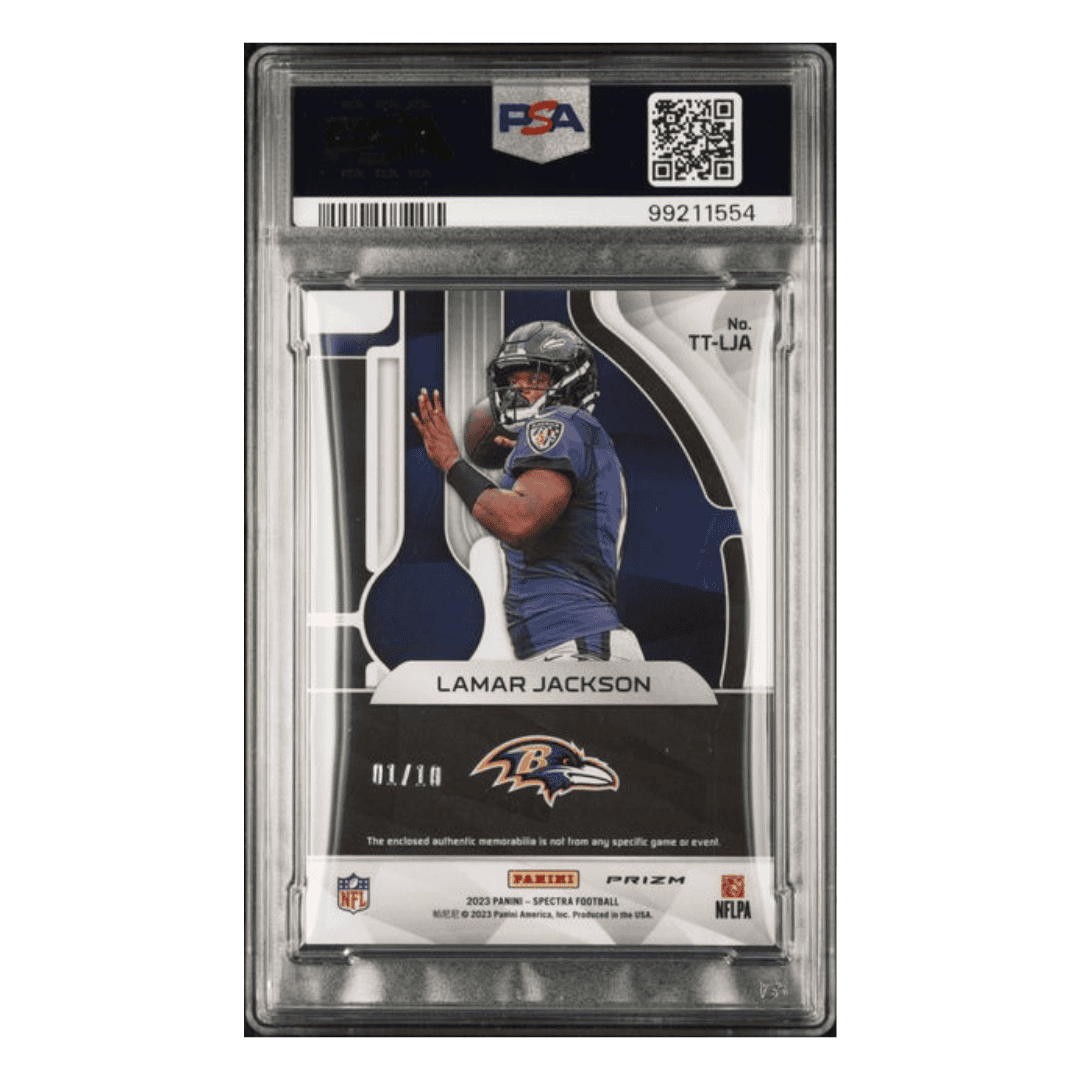 Lamar Jackson PSA 8 2023 Panini Spectra Triple Threats Relics Patch NN Orange #1/10 Card #TTLJA