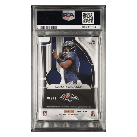 Lamar Jackson PSA 8 2023 Panini Spectra Triple Threats Relics Patch NN Orange #1/10 Card #TTLJA
