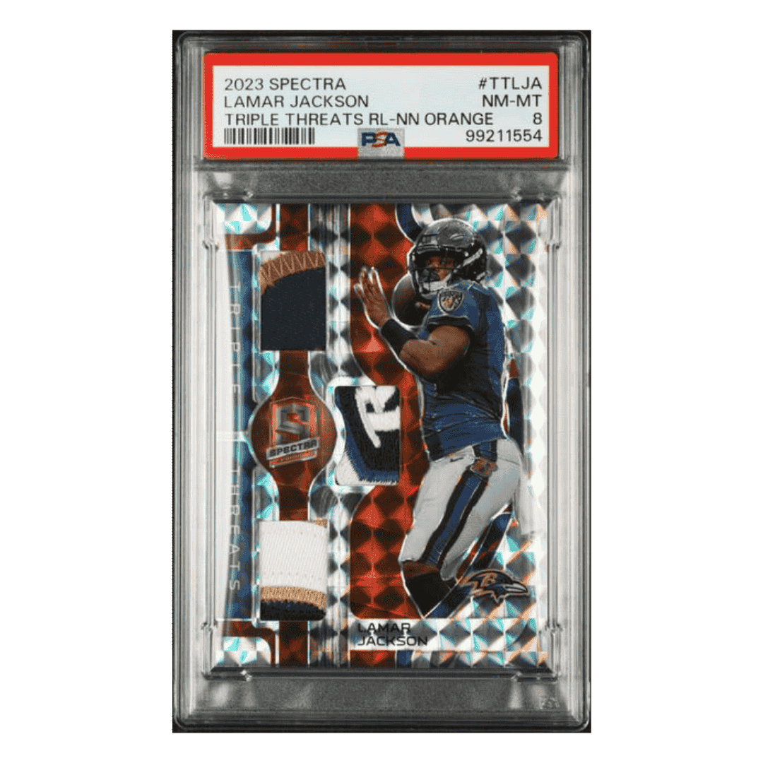Lamar Jackson PSA 8 2023 Panini Spectra Triple Threats Relics Patch NN Orange #1/10 Card #TTLJA
