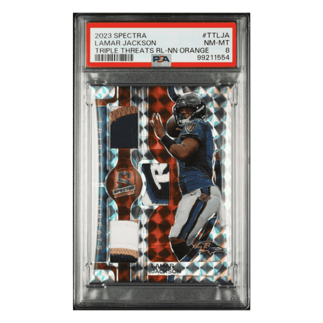 Lamar Jackson PSA 8 2023 Panini Spectra Triple Threats Relics Patch NN Orange #1/10 Card #TTLJA
