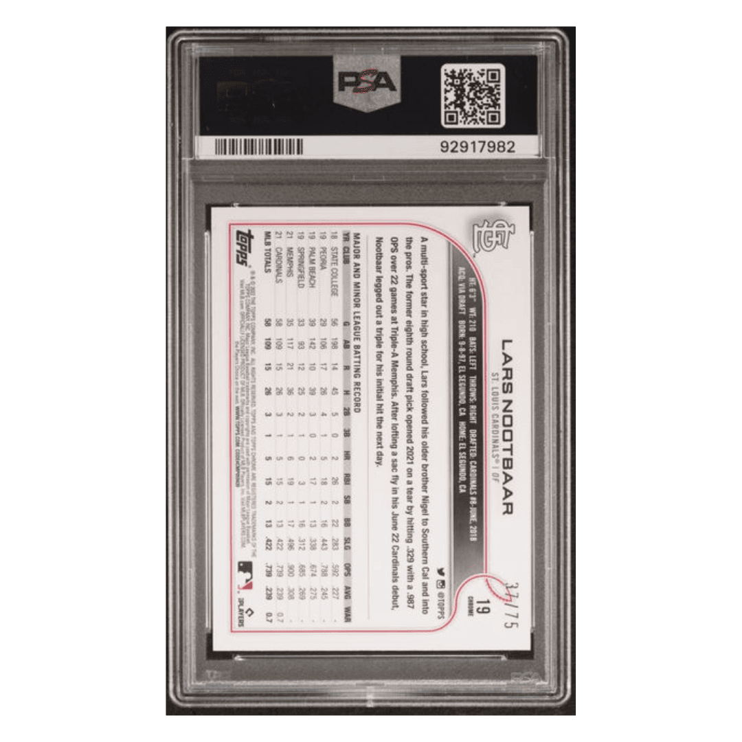 Lars Nootbaar PSA 9 2022 Topps Chrome Sonic Blue Yellow Sonic Refractor Rookie RC #d /75 Card #19