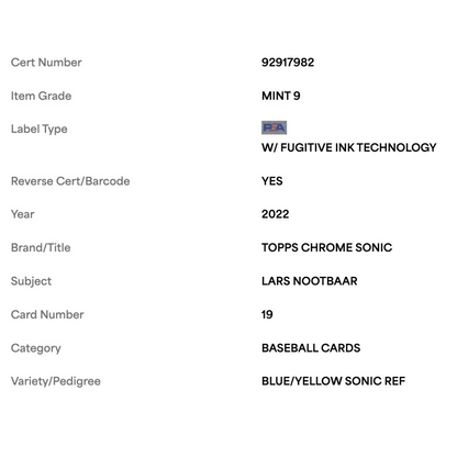 Lars Nootbaar PSA 9 2022 Topps Chrome Sonic Blue Yellow Sonic Refractor Rookie RC #d /75 Card #19