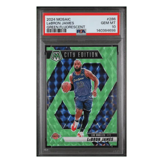 LeBron James PSA 10 2024 Panini Mosaic Green Fluorescent #d/ 10 Card #286