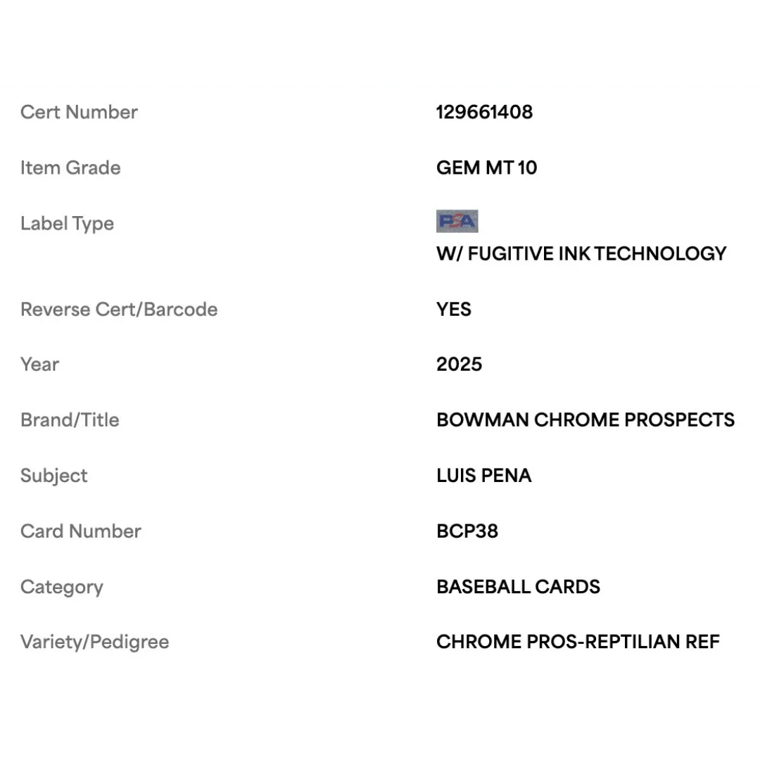 Luis Pena PSA 10 2025 Topps Bowman Chrome Prospects Reptilian Refractor Card #BCP38