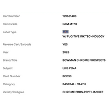 Luis Pena PSA 10 2025 Topps Bowman Chrome Prospects Reptilian Refractor Card #BCP38