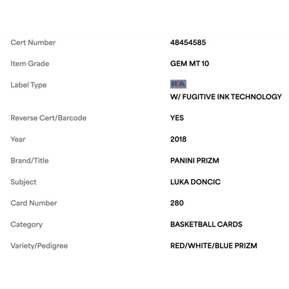 Luka Doncic PSA 10 2018 Panini Prizm Red/ White/ Blue Prizm Rookie RC Card #280