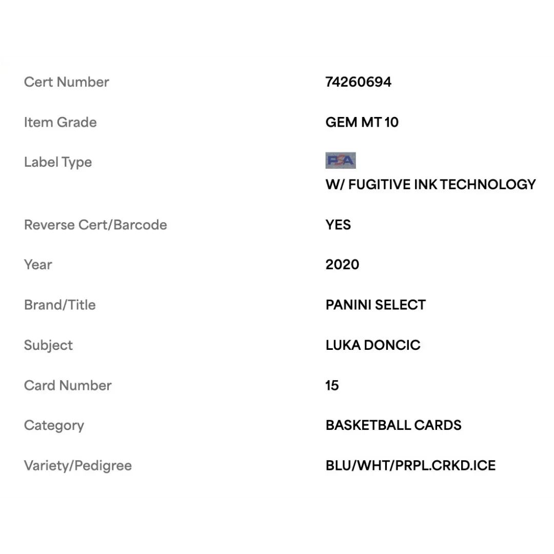 Luka Doncic PSA 10 2020 Panini Select Blue/White/Purple Cracked Ice Card #15