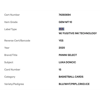 Luka Doncic PSA 10 2020 Panini Select Blue/White/Purple Cracked Ice Card #15