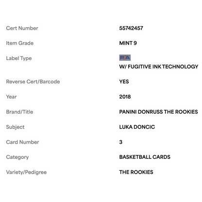 Luka Doncic PSA 9 2018 Panini Donruss The Rookies Card #3