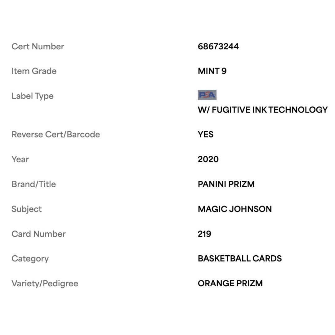 Magic Johnson PSA 9 2020 Panini Prizm Orange #d/ 49 Card #219