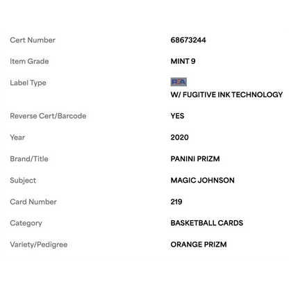 Magic Johnson PSA 9 2020 Panini Prizm Orange #d/ 49 Card #219