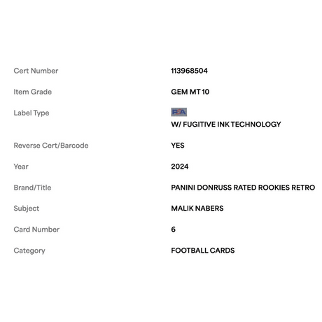 Malik Nabers PSA 10 2024 Panini Donruss Rated Rookie Retro Card #6