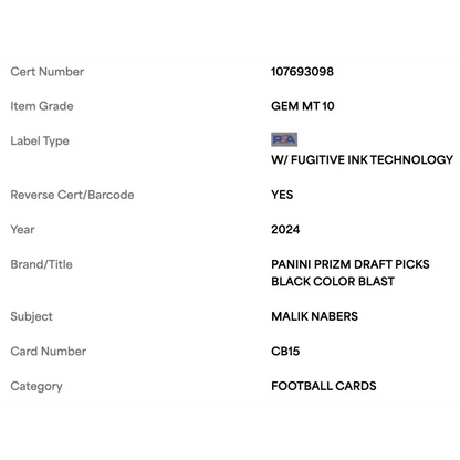 Malik Nabers PSA 10 2024 Panini Prizm Draft Picks Black Color Blast Case Hit Card #CB15