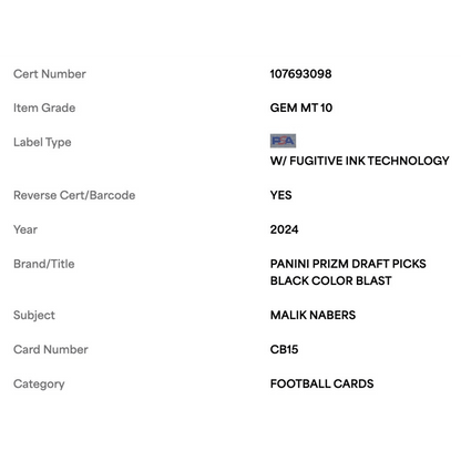 Malik Nabers PSA 10 2024 Panini Prizm Draft Picks Black Color Blast Rookie RC Card #CB15