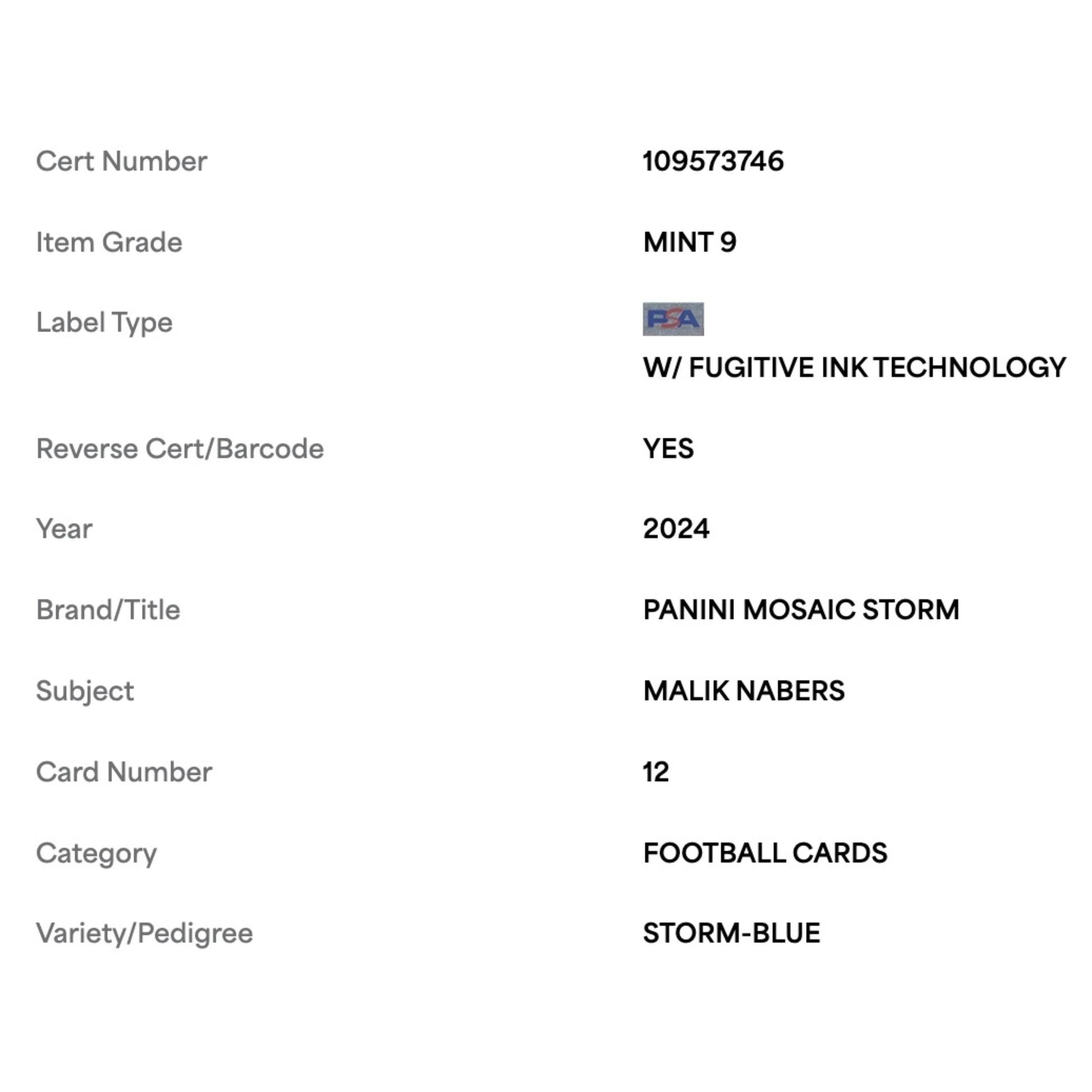Malik Nabers PSA 9 2024 Panini Mosaic Storm Blue Rookie RC #d/ 99 Card #12