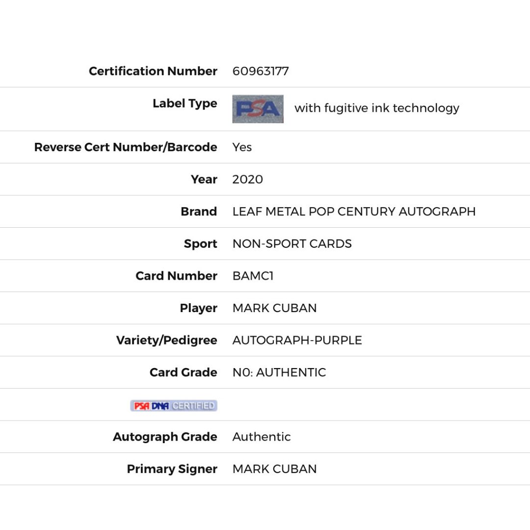 Mark Cuban PSA Auto 2020 Metal Pop Century Autograph - Purple Card #BAMC1