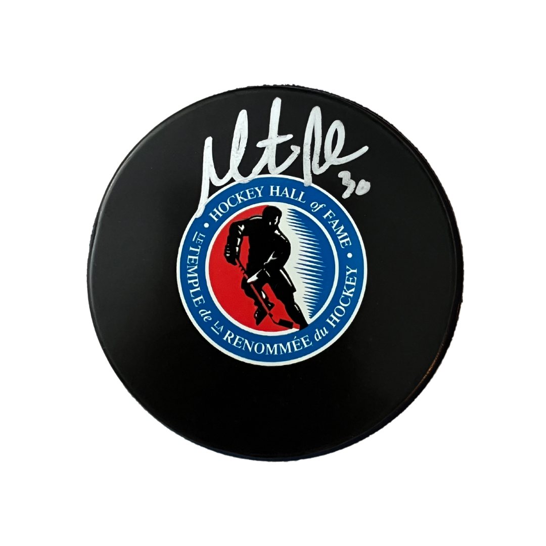 Martin Brodeur New Jersey Devils Autographed Hall Of Fame Logo Puck - JSA COA