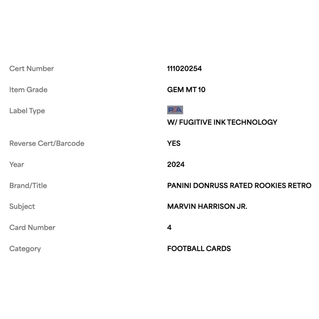 Marvin Harrison Jr PSA 10 2024 Panini Donruss Rated Rookies Retro Card #4