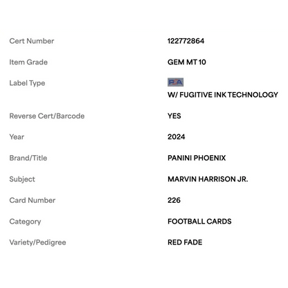 Marvin Harrison Jr PSA 10 2024 Panini Phoenix Red Fade Rookie RC #d/ 299 Card #226