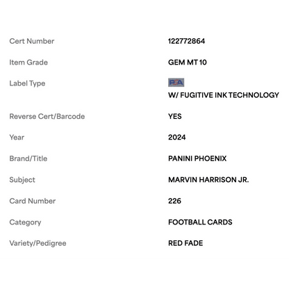 Marvin Harrison Jr PSA 10 2024 Panini Phoenix Red Fade Rookie RC #d/ 299 Card #226