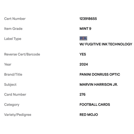 Marvin Harrison Jr PSA 9 2024 Panini Donruss Optic Red Mojo Card #276