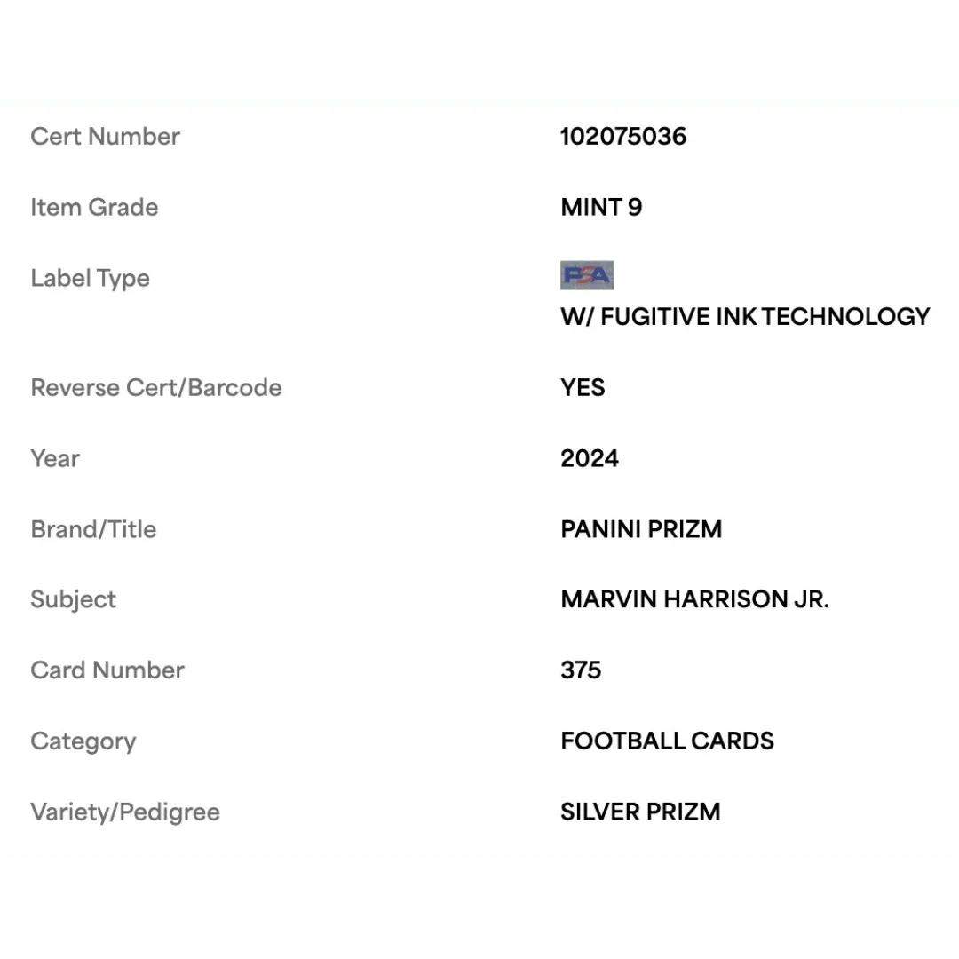 Marvin Harrison Jr PSA 9 2024 Panini Prizm Silver Card #375