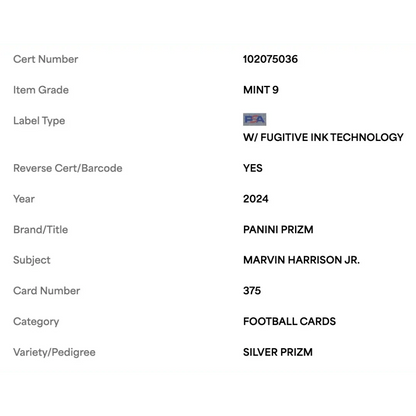 Marvin Harrison Jr PSA 9 2024 Panini Prizm Silver Card #375