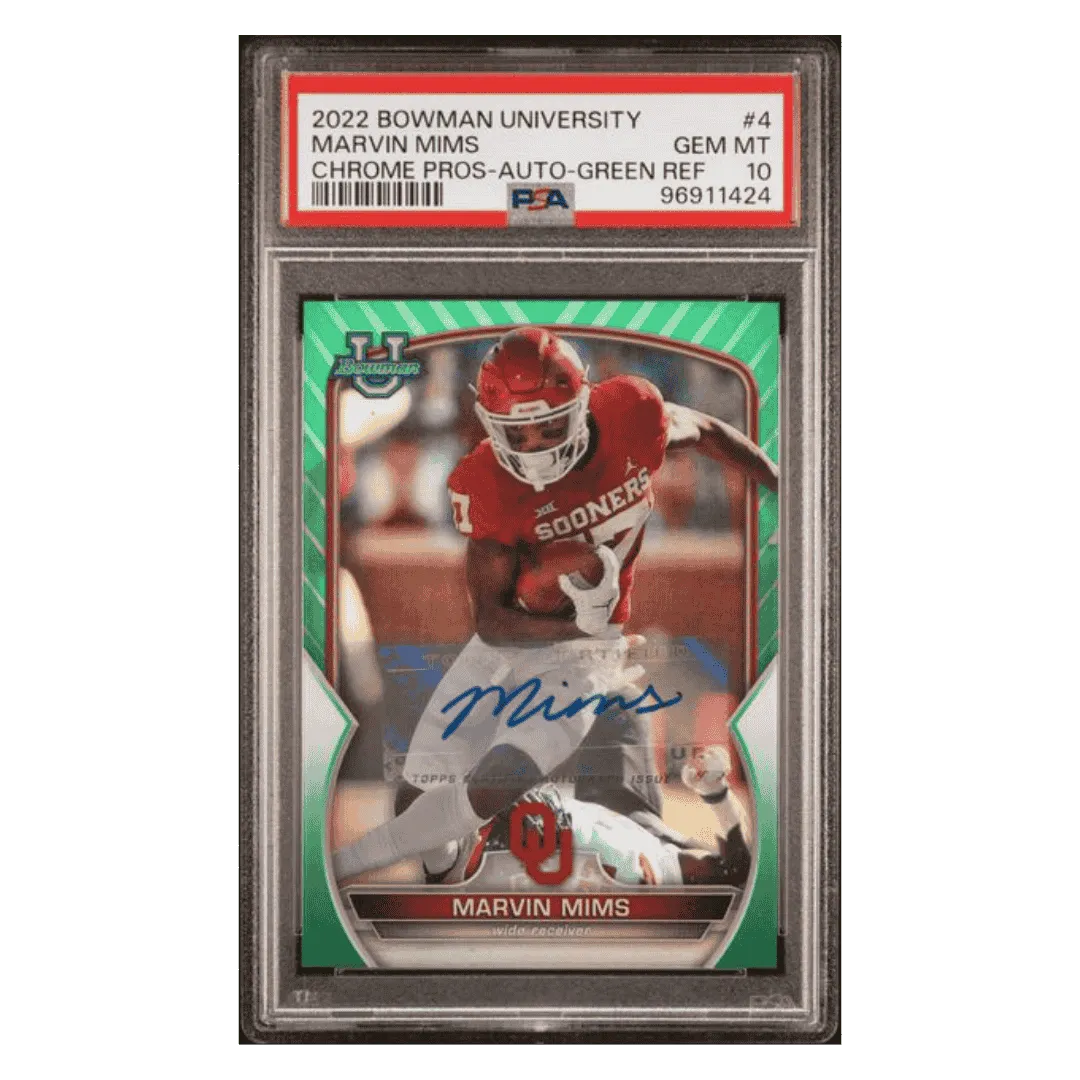 Marvin Mims PSA 10 2022 Topps Bowman University Chrome Prospects Autograph Green Refractor #d/ 99 Card #4