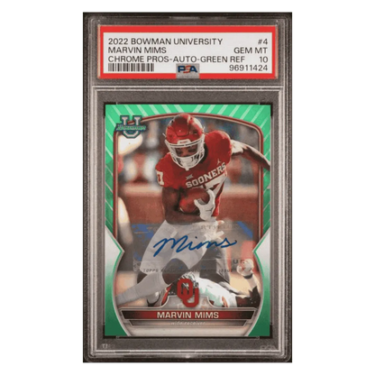 Marvin Mims PSA 10 2022 Topps Bowman University Chrome Prospects Autograph Green Refractor #d/ 99 Card #4