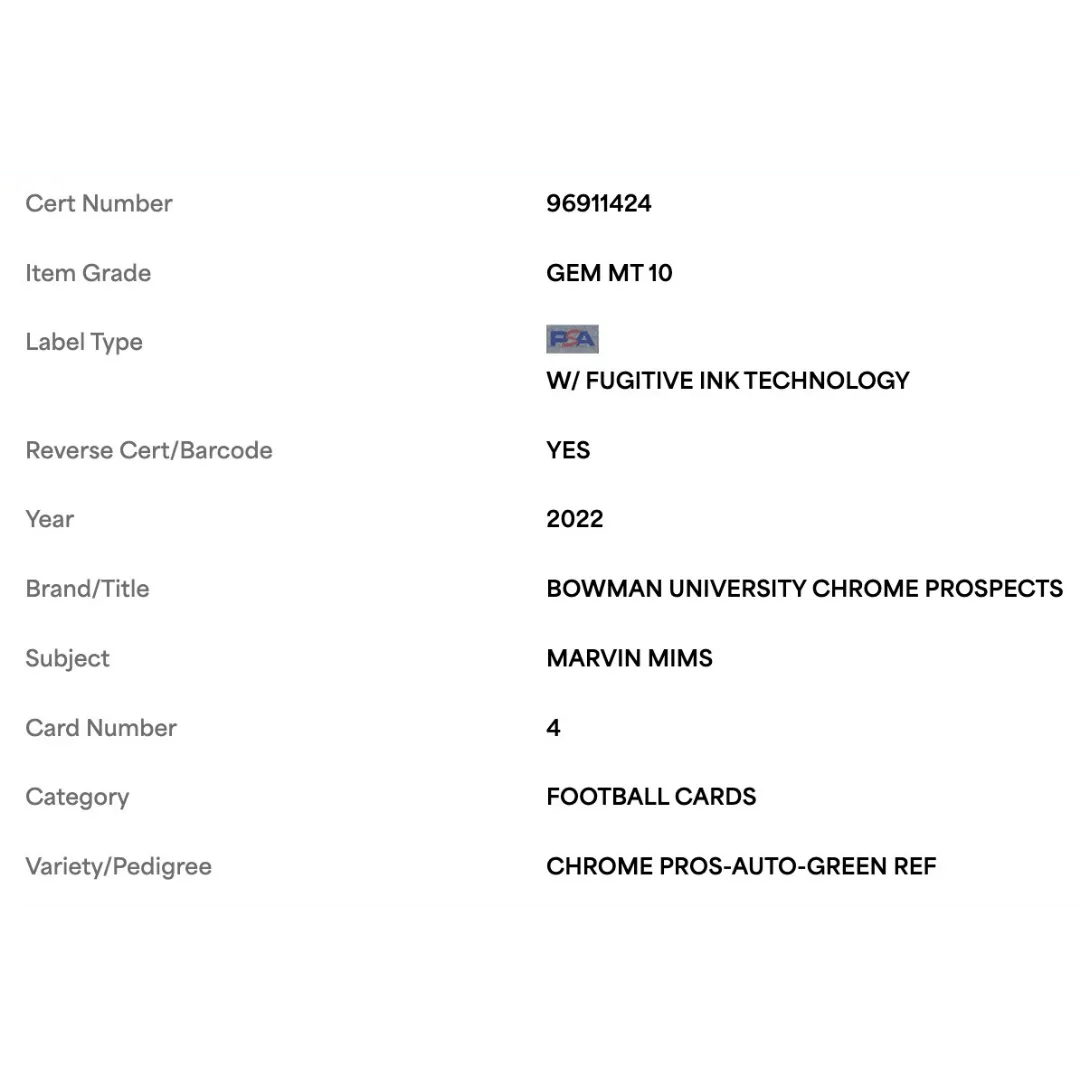 Marvin Mims PSA 10 2022 Topps Bowman University Chrome Prospects Autograph Green Refractor #d/ 99 Card #4