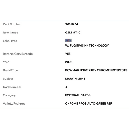 Marvin Mims PSA 10 2022 Topps Bowman University Chrome Prospects Autograph Green Refractor #d/ 99 Card #4