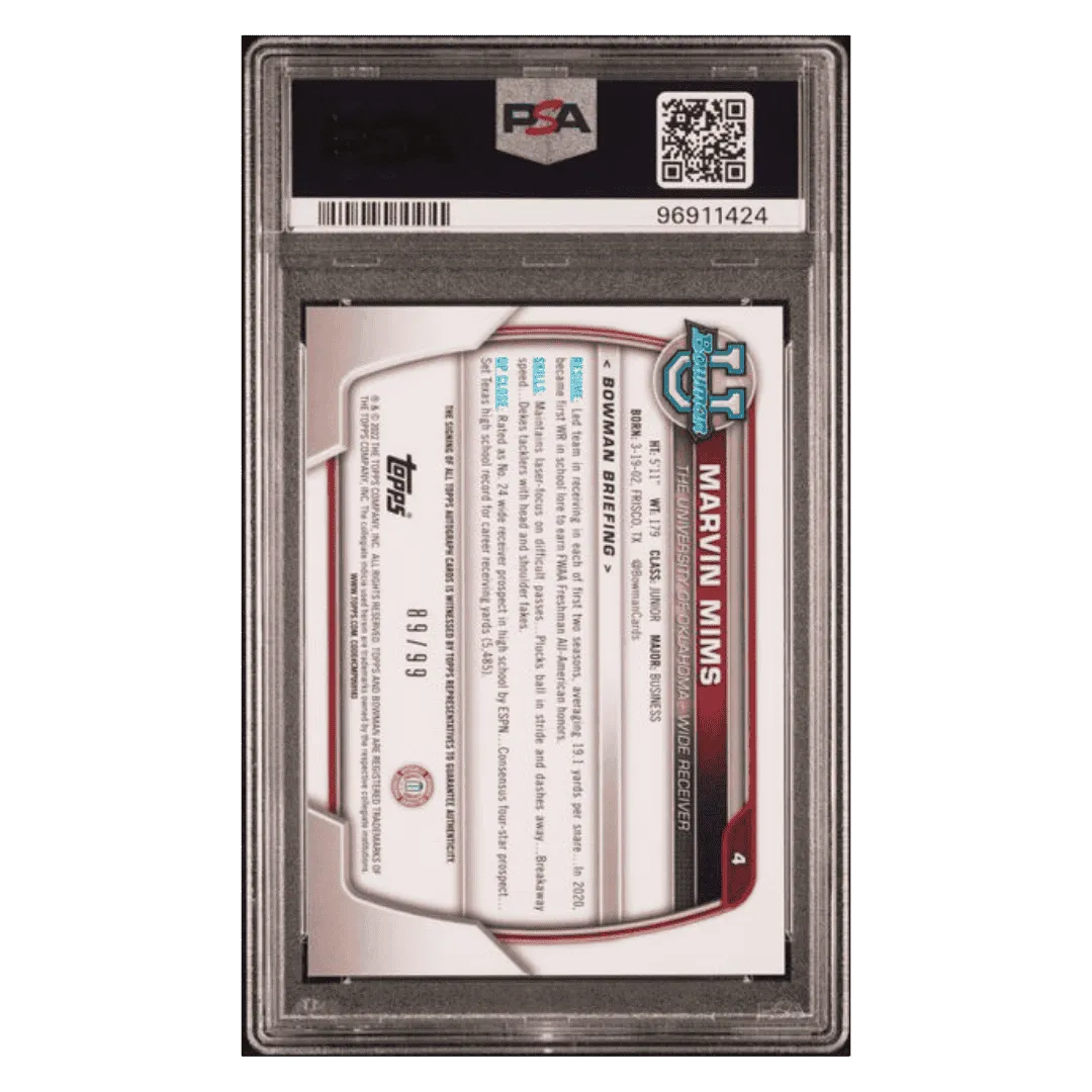 Marvin Mims PSA 10 2022 Topps Bowman University Chrome Prospects Autograph Green Refractor #d/ 99 Card #4
