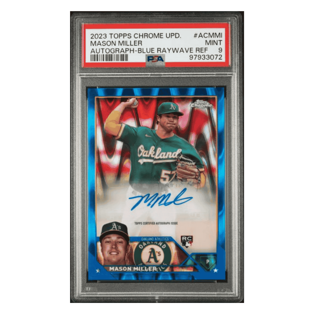 Mason Miller PSA 9 2023 Topps Chrome Update Autograph Blue Raywave Refractor #d/150 Card #ACMMI