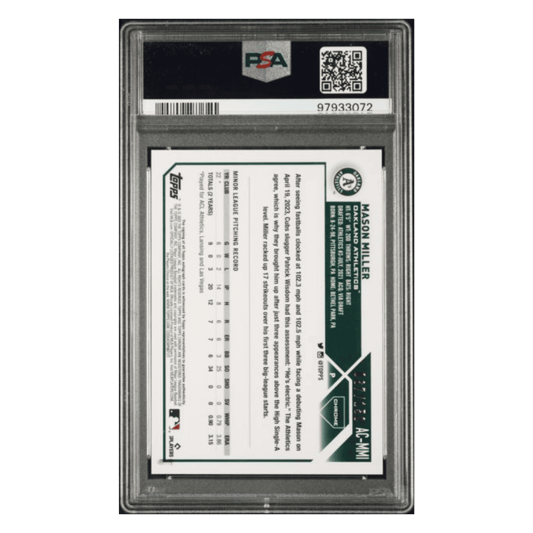 Mason Miller PSA 9 2023 Topps Chrome Update Autograph Blue Raywave Refractor #d/150 Card #ACMMI