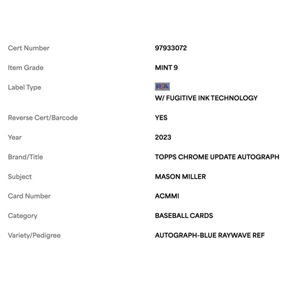 Mason Miller PSA 9 2023 Topps Chrome Update Autograph Blue Raywave Refractor #d/150 Card #ACMMI