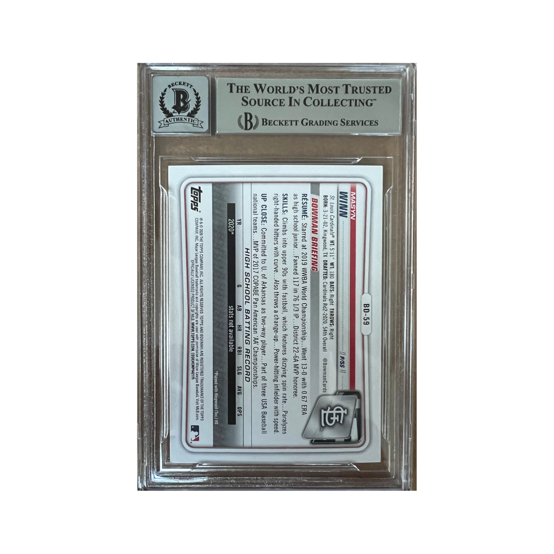 Masyn Winn Autographed Beckett BAS GEM MT 10 2020 Bowman Draft Rookie Card #BD59