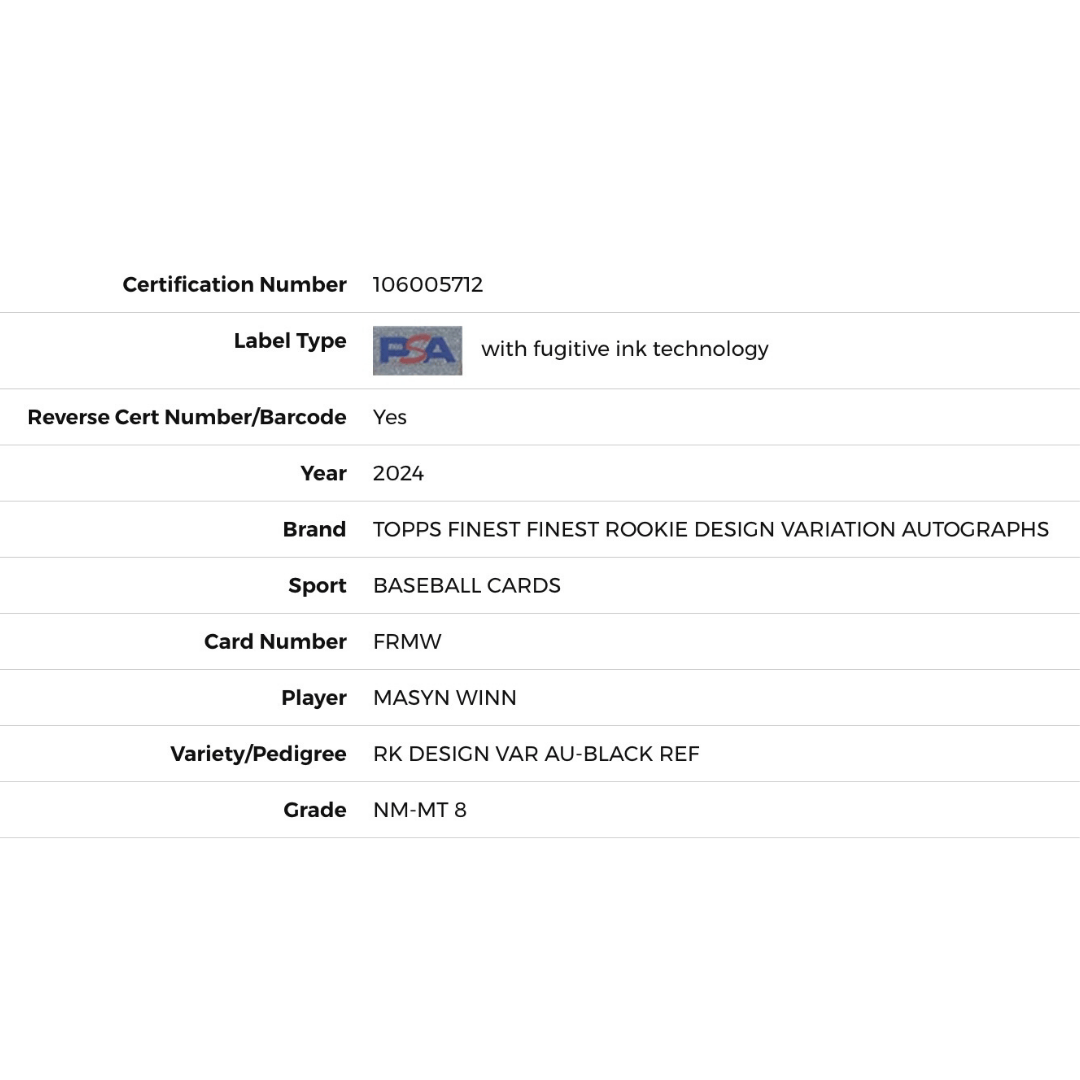 Masyn Winn PSA 8 2024 Topps Finest Rookie Design Variation Autographs #d/10 Card #FRMW