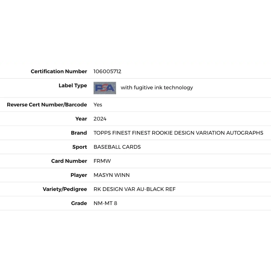 Masyn Winn PSA 8 2024 Topps Finest Rookie Design Variation Autographs #d/10 Card #FRMW